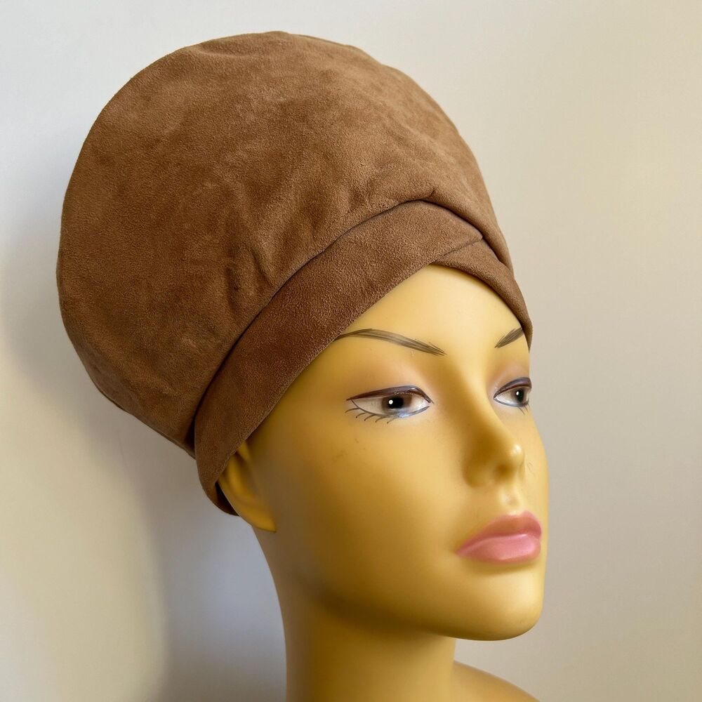 Vintage 60s Tan Suede Structured Tall Turban Style Hat By Elysees DEADSTOCK - Picture 3 of 8